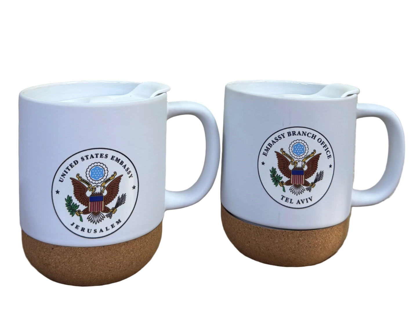 White Ceramic Mug w/ Cork Bottom - Embassy Seal