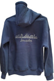 Navy blue hoodie with 'Jerusalem' Seal and skyline design on a stone wall background