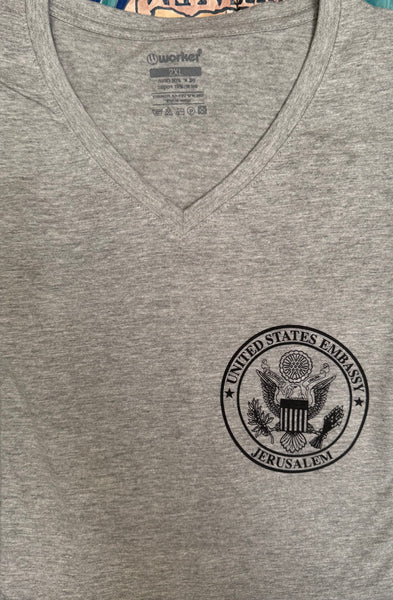 Grey V-Neck T-Shirt with Embassy Seal